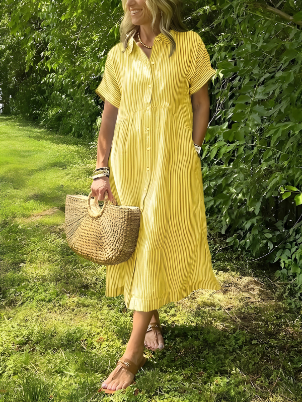 Marina™ | Elegant Striped Maxi Shirt Dress with Pockets