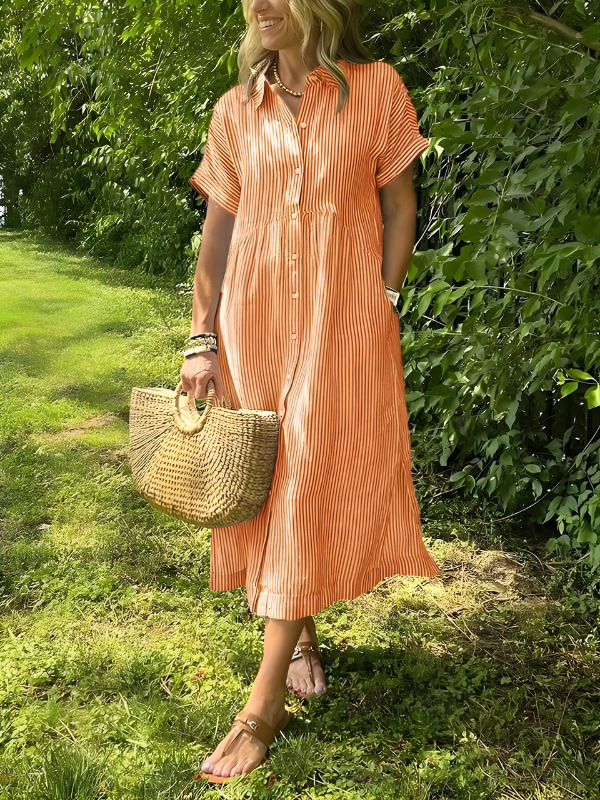 Marina™ | Elegant Striped Maxi Shirt Dress with Pockets