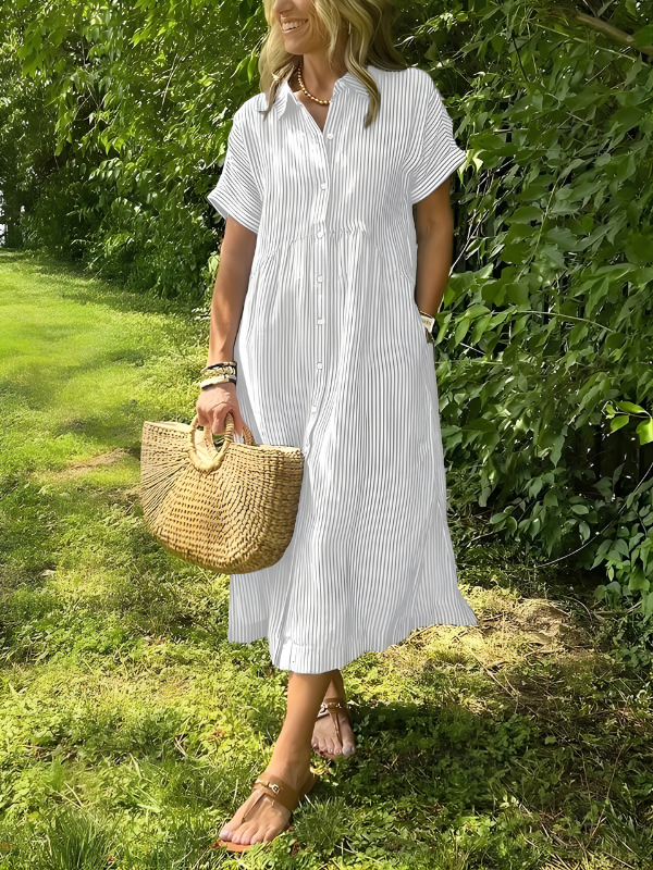Marina™ | Elegant Striped Maxi Shirt Dress with Pockets