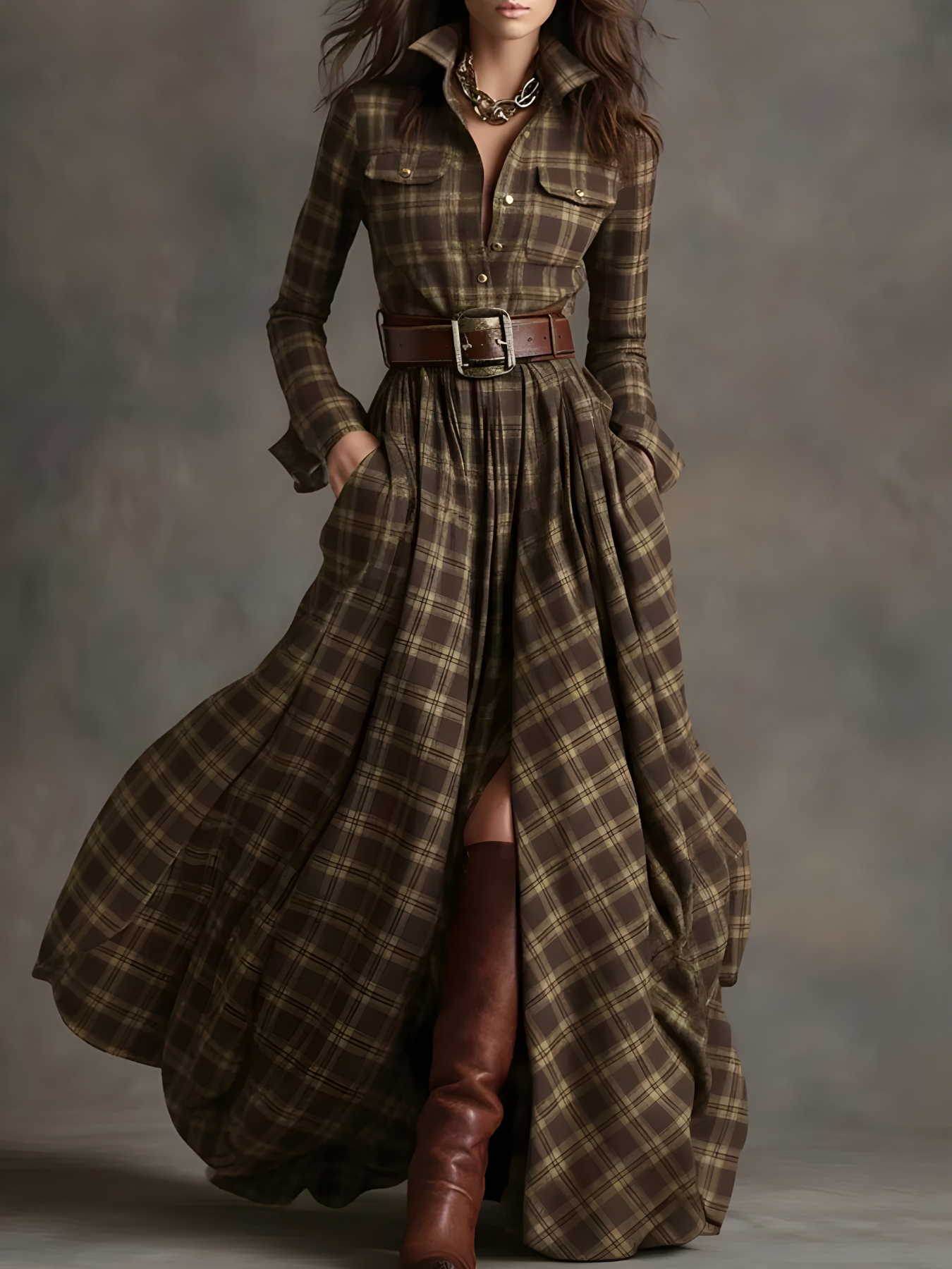 Elara™ | Plaid Button-Front Maxi Dress