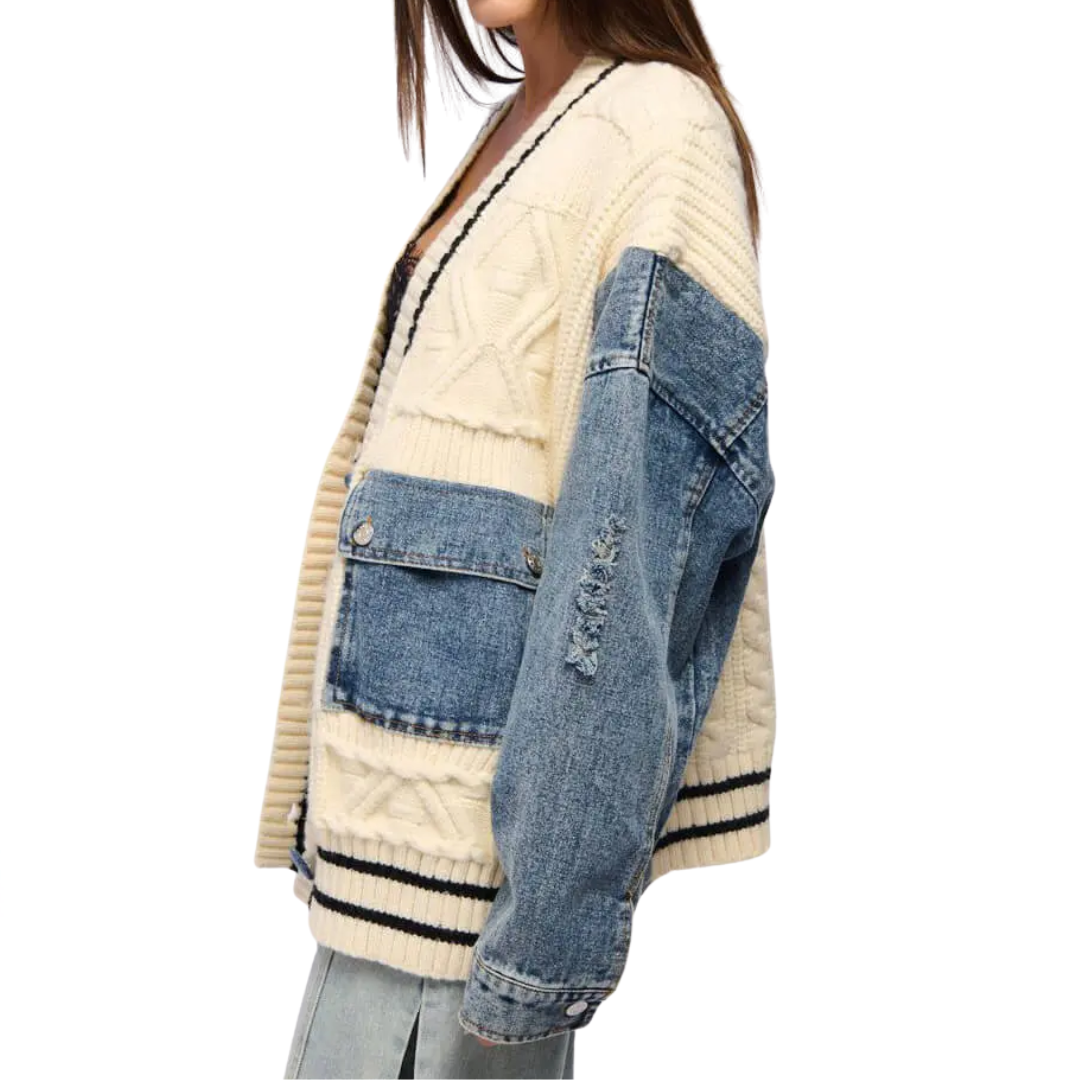FRANCEL™ | – Relaxed Denim Patchwork Knit Cardigan