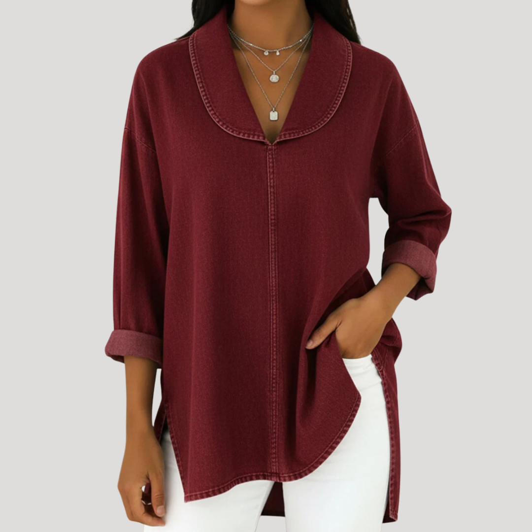 Camille™ | Faux Denim Shawl Collar Blouse