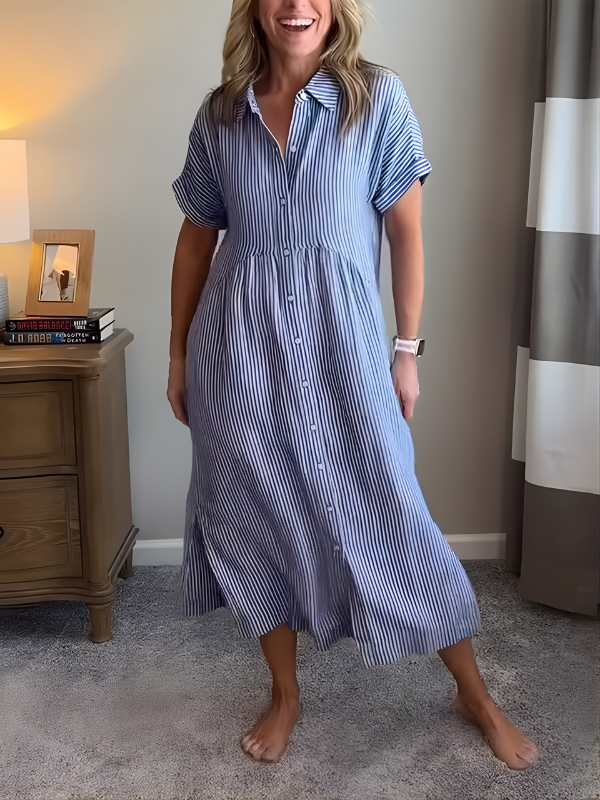 Marina™ | Elegant Striped Maxi Shirt Dress with Pockets