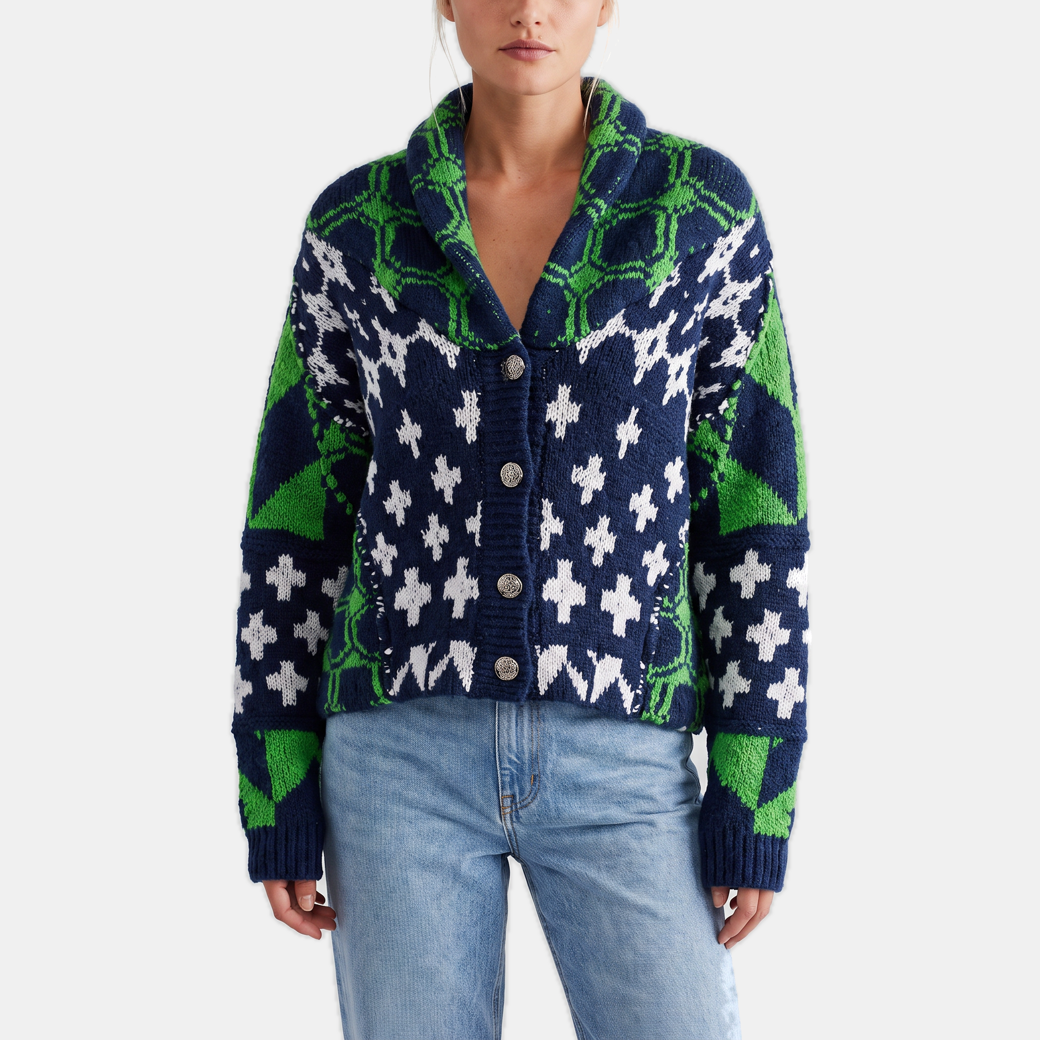 Women's Y2K Abstract Print Lapel Button Down Oversized Knit Cardigan™