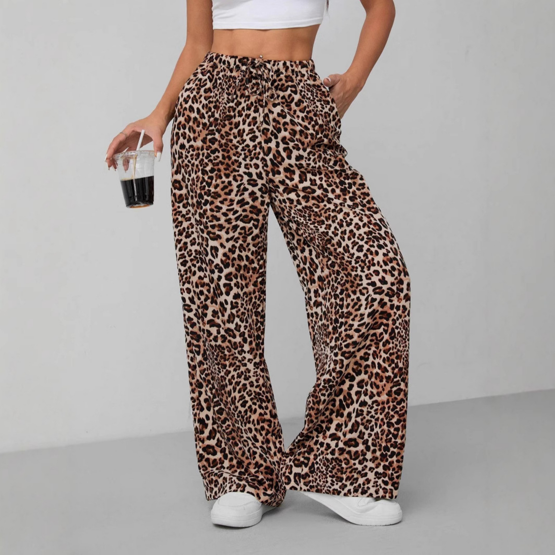 SYALA™ | - Vintage Leopard Tie Front Wide Leg Pants