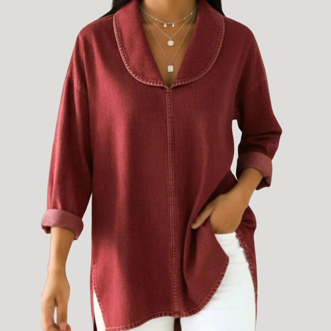 Camille™ | Faux Denim Shawl Collar Blouse