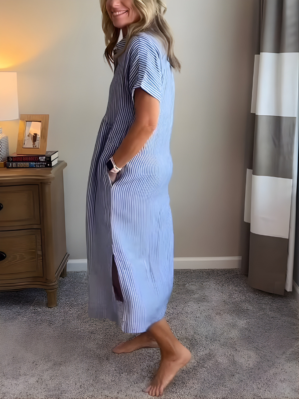 Marina™ | Elegant Striped Maxi Shirt Dress with Pockets