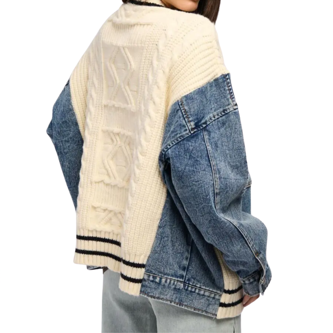 FRANCEL™ | – Relaxed Denim Patchwork Knit Cardigan