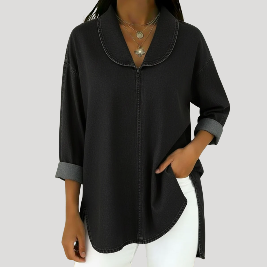 Camille™ | Faux Denim Shawl Collar Blouse