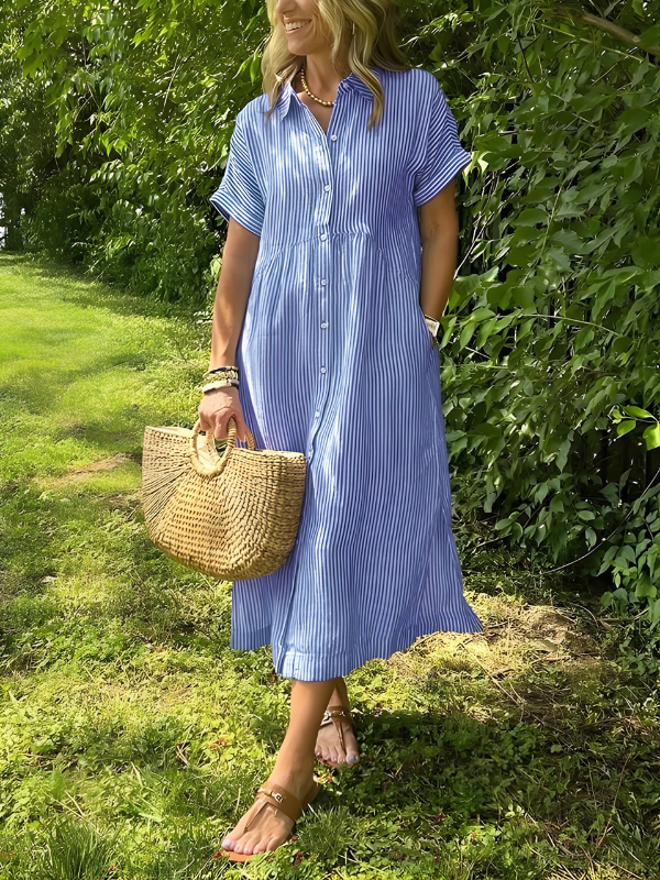 Marina™ | Elegant Striped Maxi Shirt Dress with Pockets