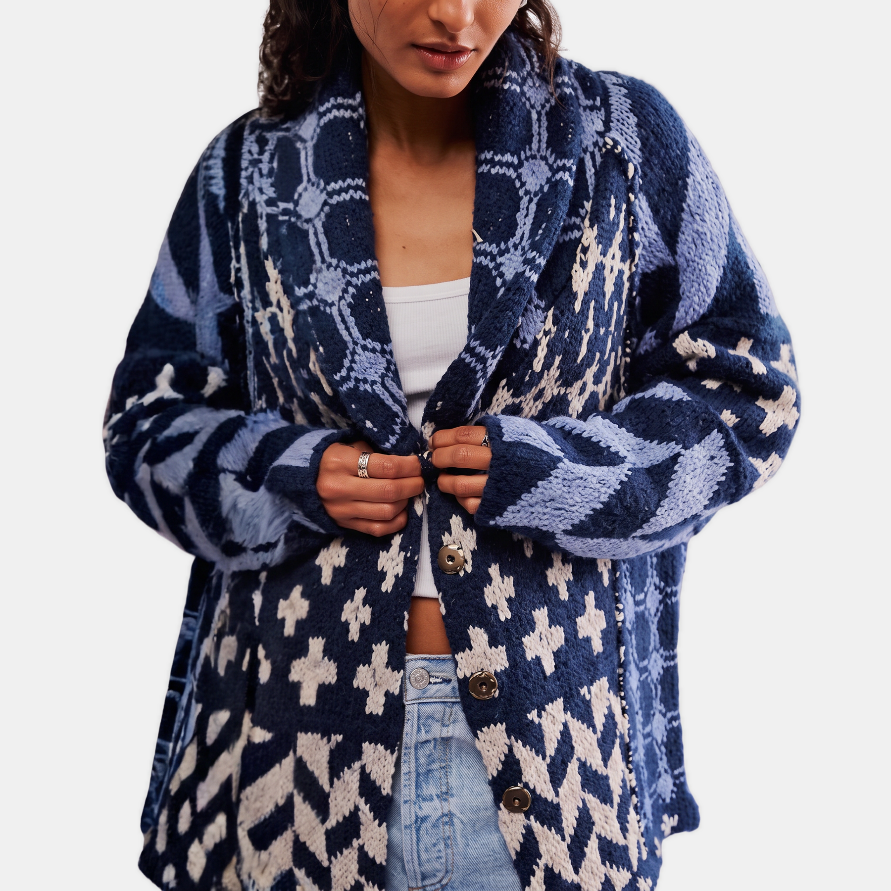 Women's Y2K Abstract Print Lapel Button Down Oversized Knit Cardigan™