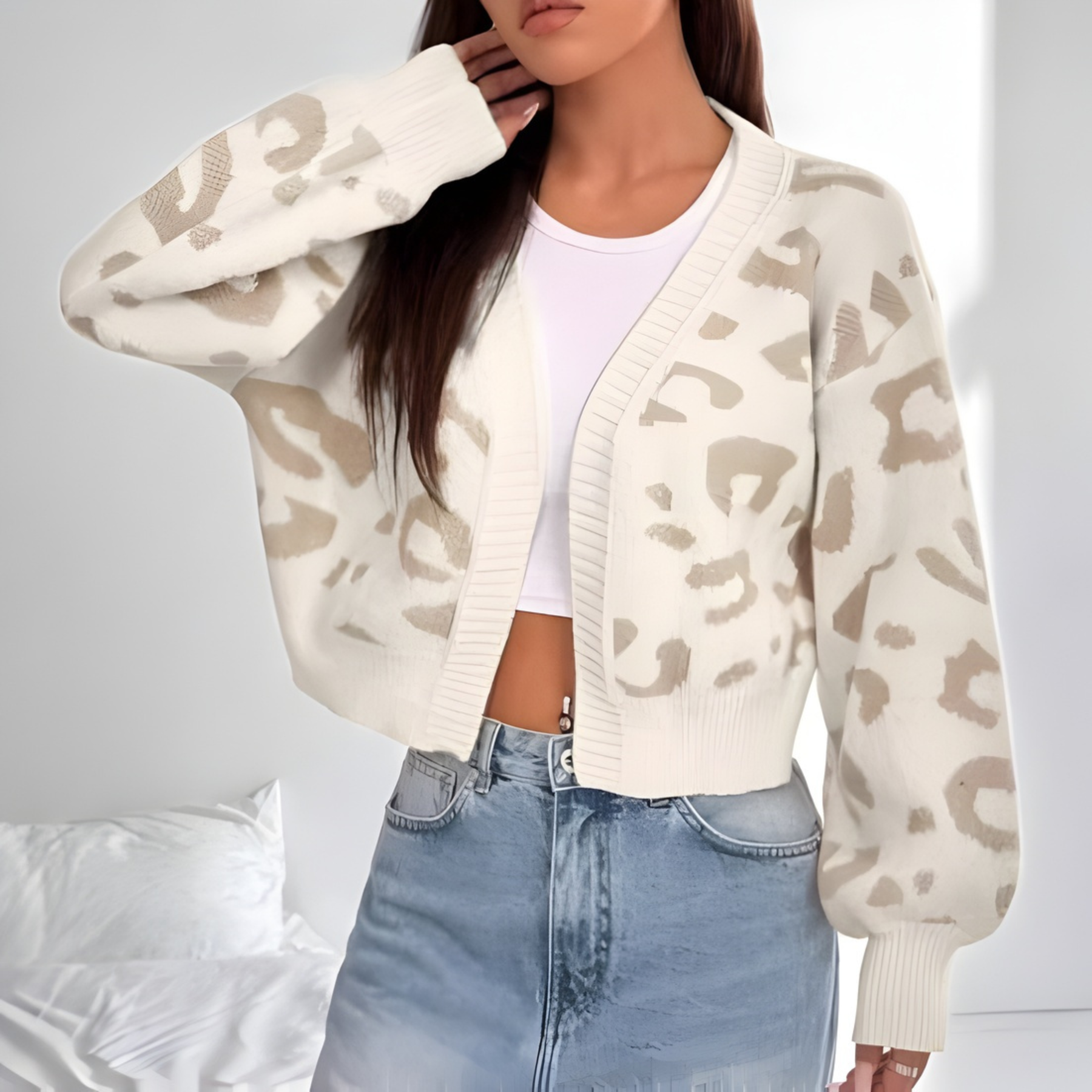 AVIA™ | - Comfy Leopard Print Lantern Sleeve Cardigan
