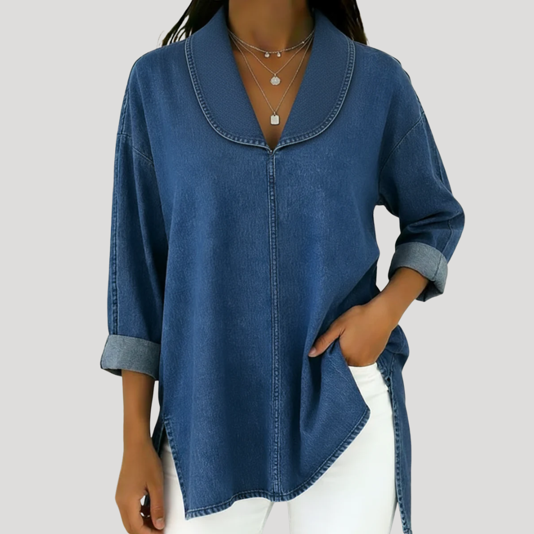 Camille™ | Faux Denim Shawl Collar Blouse
