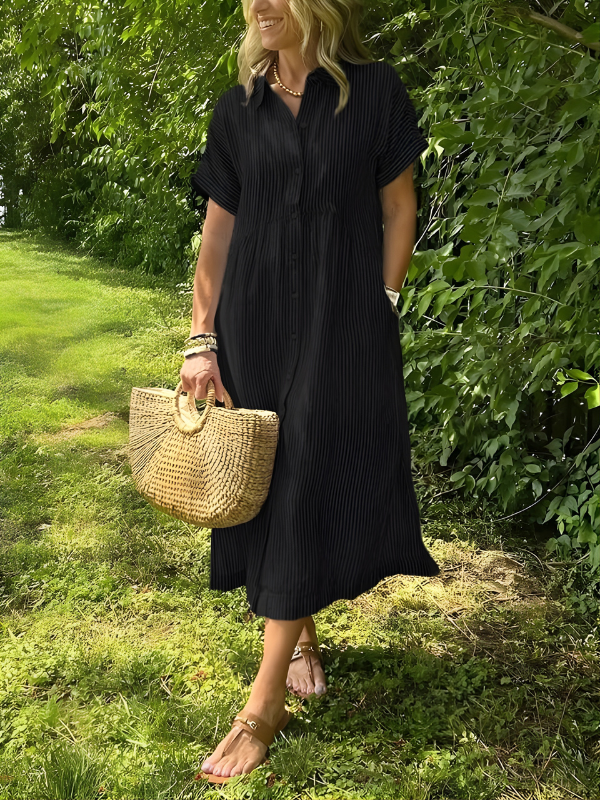 Marina™ | Elegant Striped Maxi Shirt Dress with Pockets