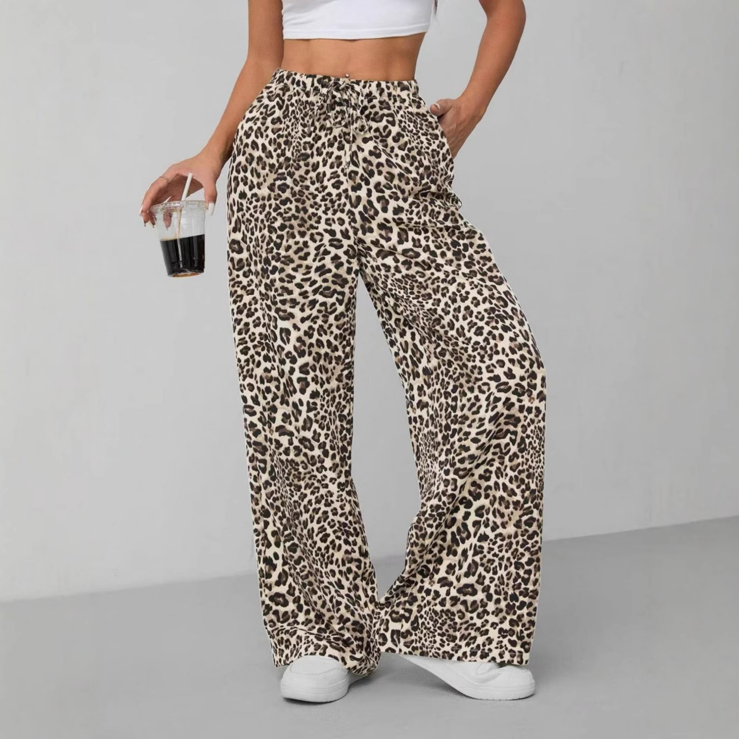 SYALA™ | - Vintage Leopard Tie Front Wide Leg Pants
