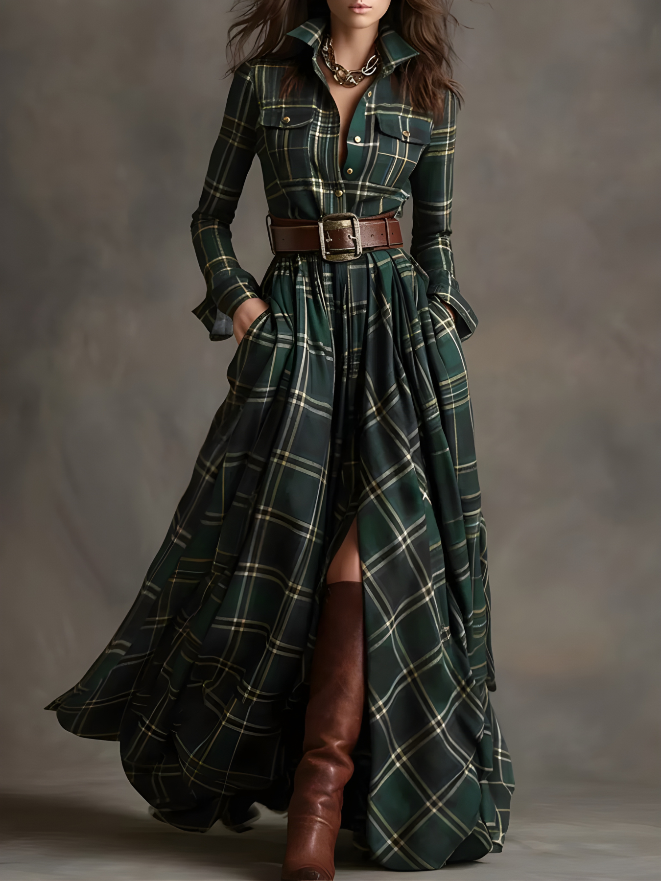 Elara™ | Plaid Button-Front Maxi Dress