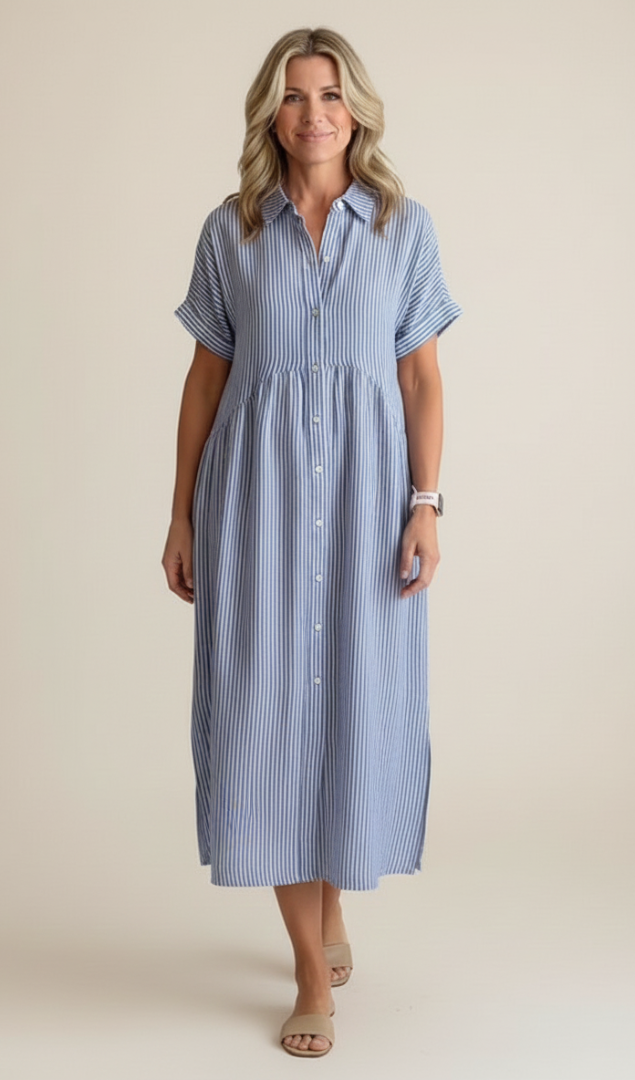 Marina™ | Elegant Striped Maxi Shirt Dress with Pockets
