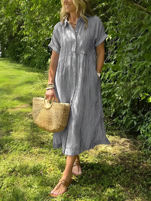 Marina™ | Elegant Striped Maxi Shirt Dress with Pockets
