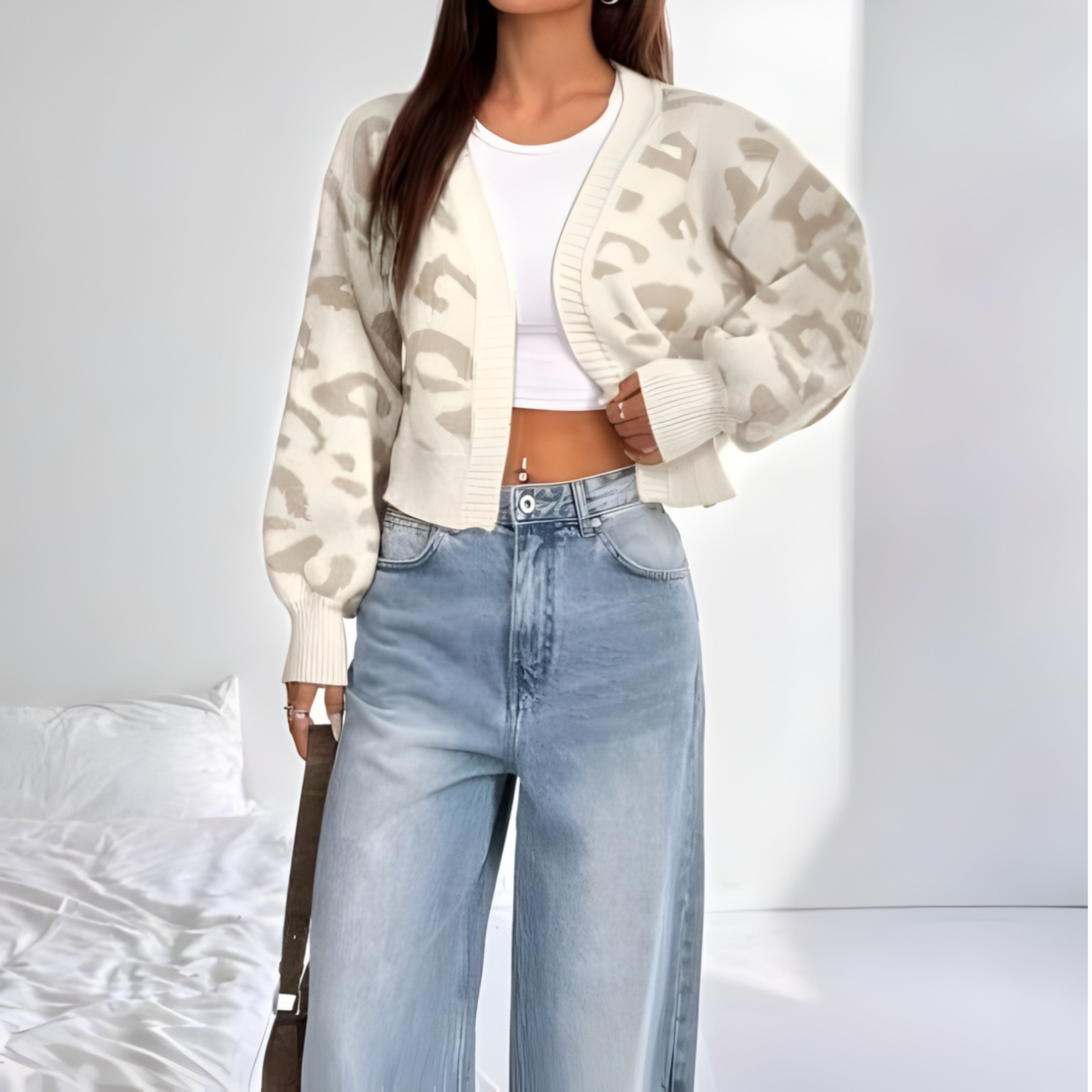 AVIA™ | - Comfy Leopard Print Lantern Sleeve Cardigan
