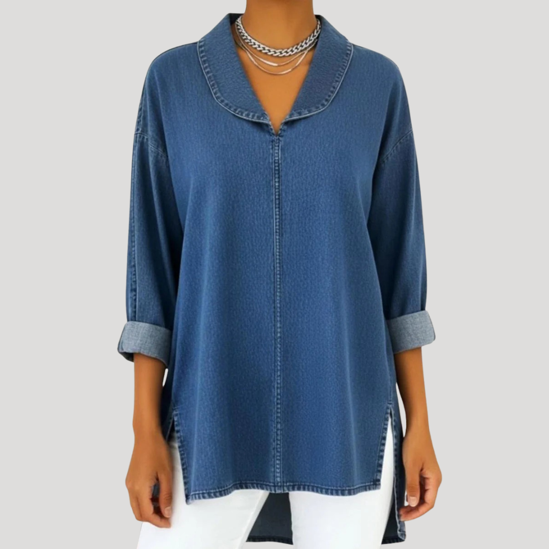 Camille™ | Faux Denim Shawl Collar Blouse