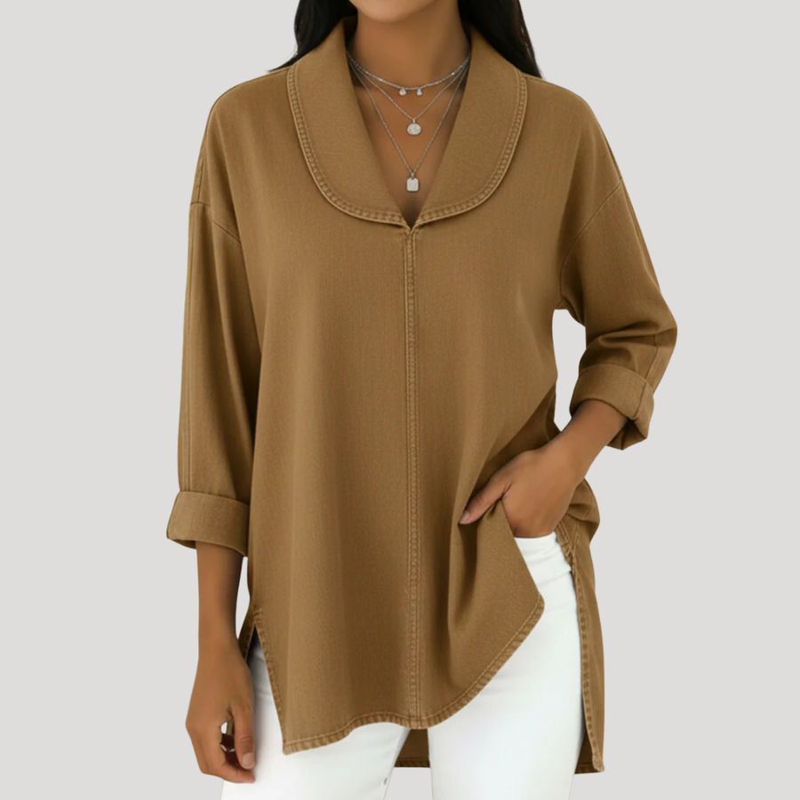 Camille™ | Faux Denim Shawl Collar Blouse