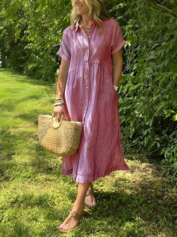 Marina™ | Elegant Striped Maxi Shirt Dress with Pockets