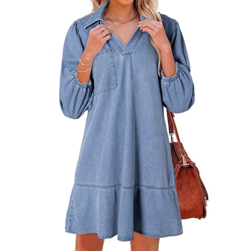 Layla™ | Classic Soft Washed Denim Puff Sleeve Dress