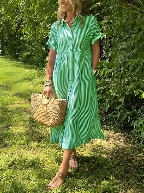 Marina™ | Elegant Striped Maxi Shirt Dress with Pockets