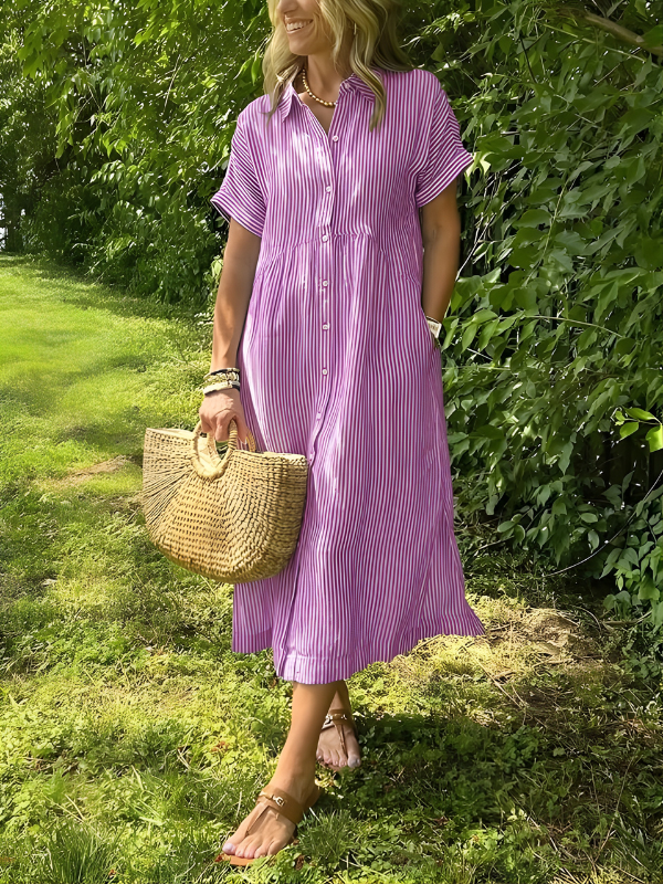 Marina™ | Elegant Striped Maxi Shirt Dress with Pockets
