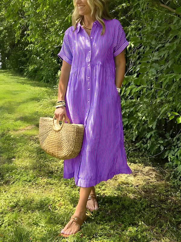 Marina™ | Elegant Striped Maxi Shirt Dress with Pockets