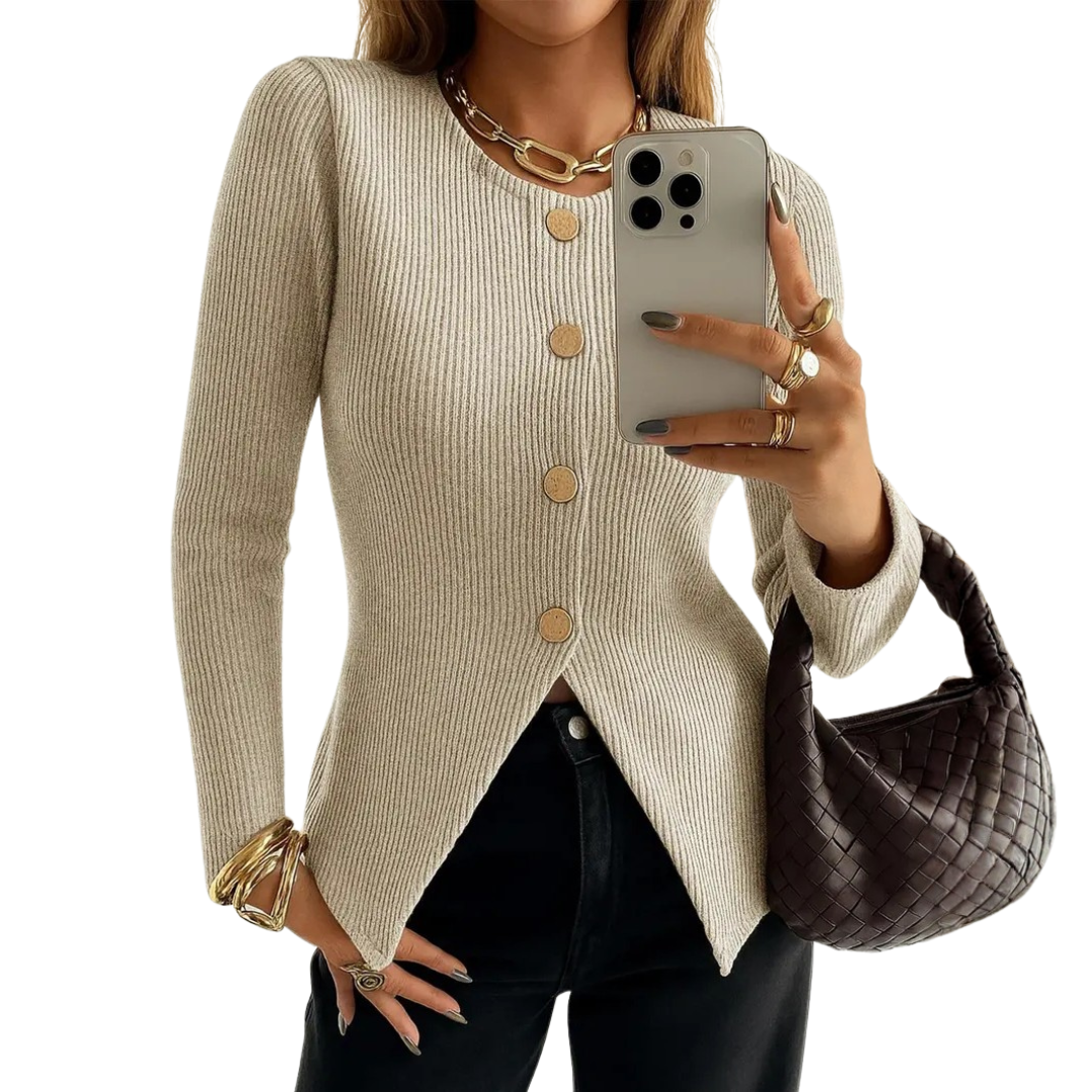 NADIRA™ | – Twisted Ribbed Button-Front Knit Top