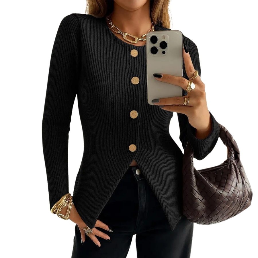 NADIRA™ | – Twisted Ribbed Button-Front Knit Top