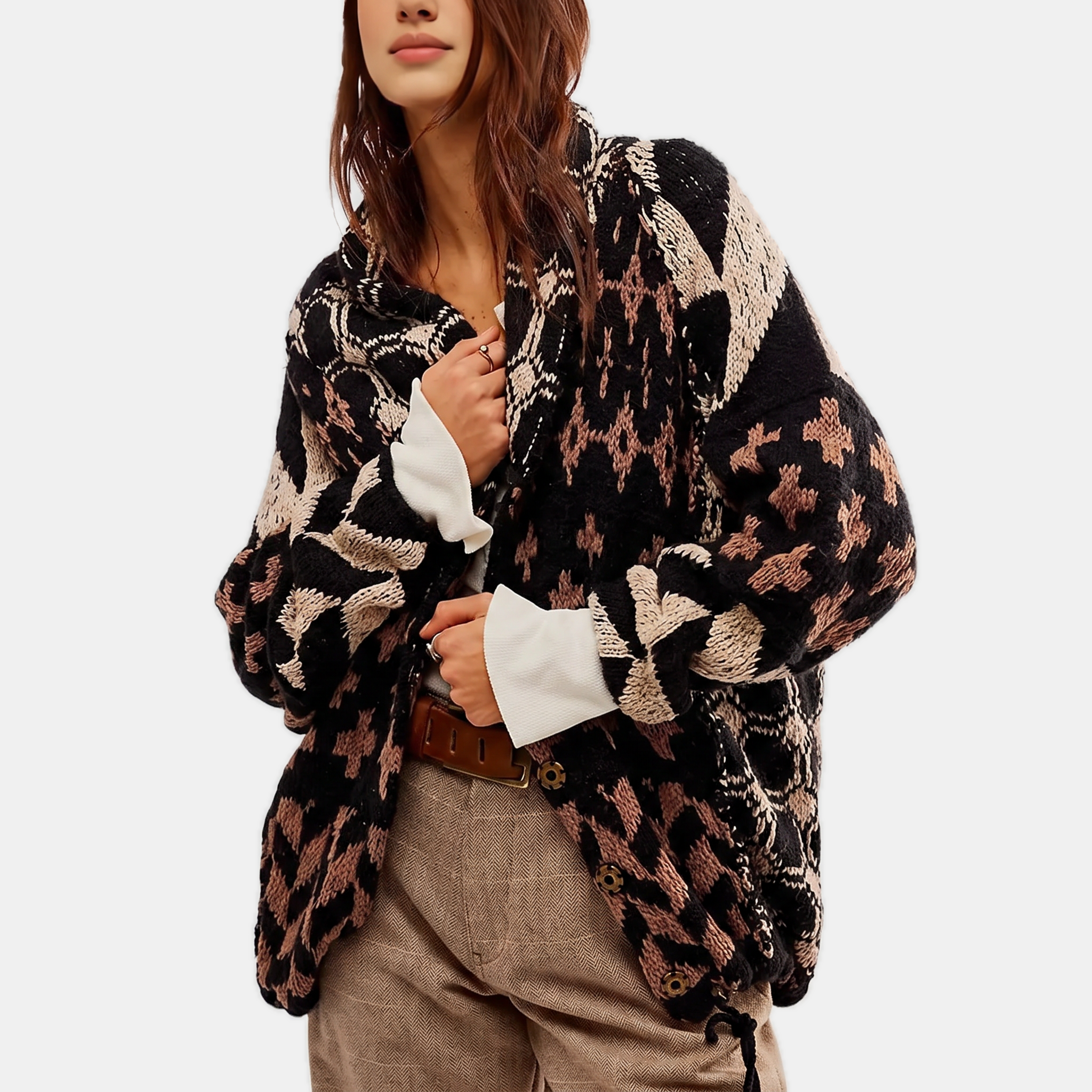 Women's Y2K Abstract Print Lapel Button Down Oversized Knit Cardigan™