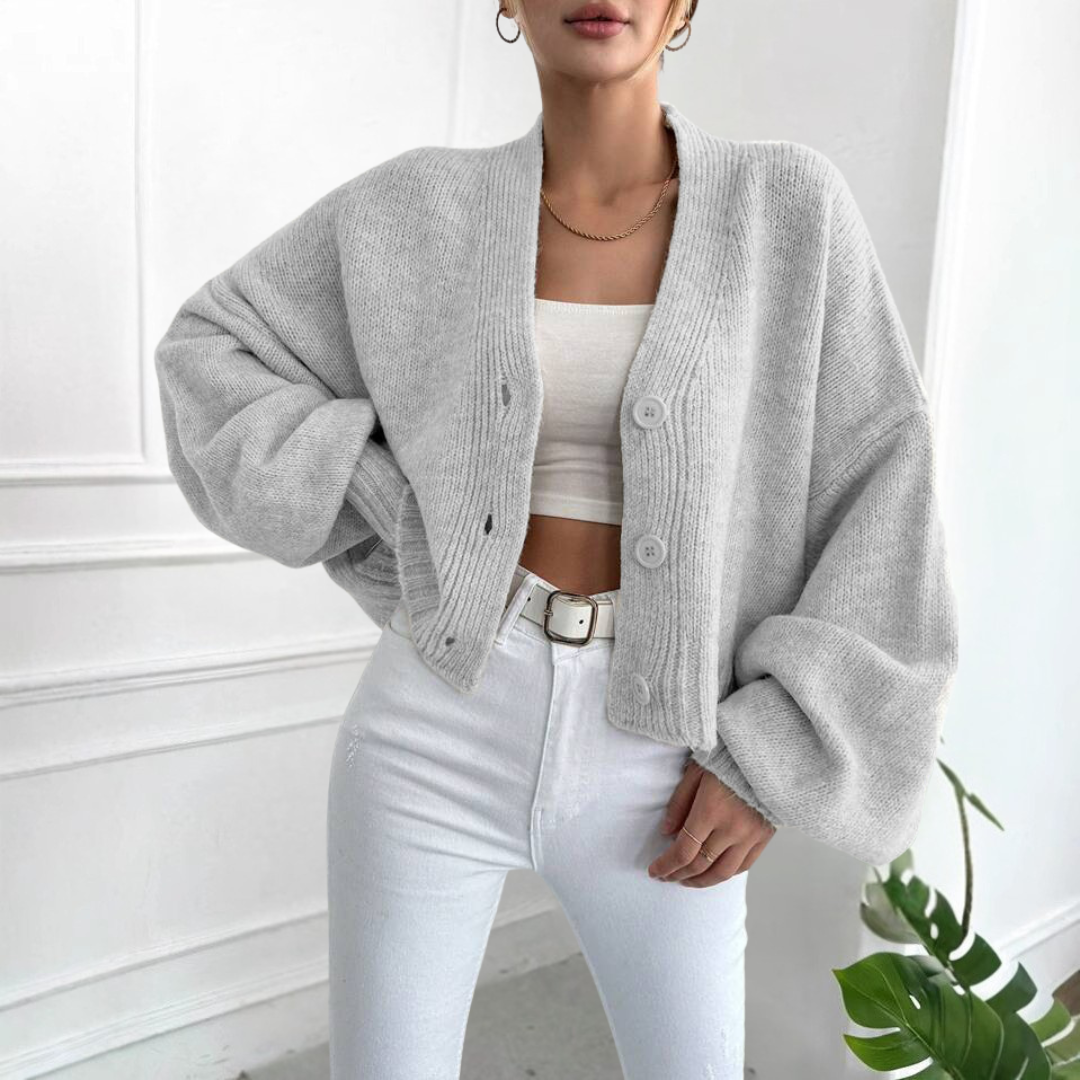 QONY™ | - Casual Crop Lantern Sleeve Cardigan