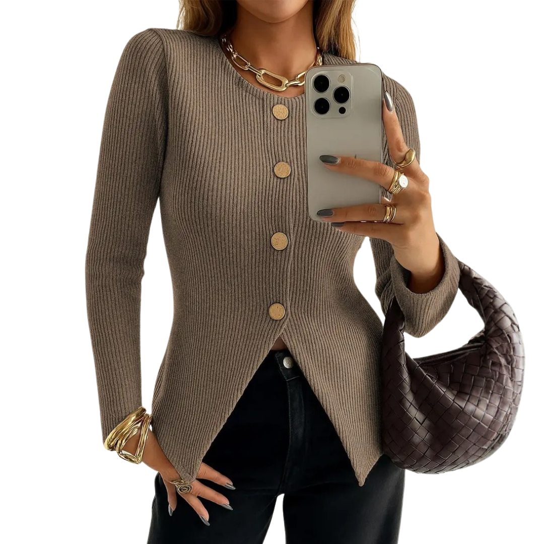 NADIRA™ | – Twisted Ribbed Button-Front Knit Top