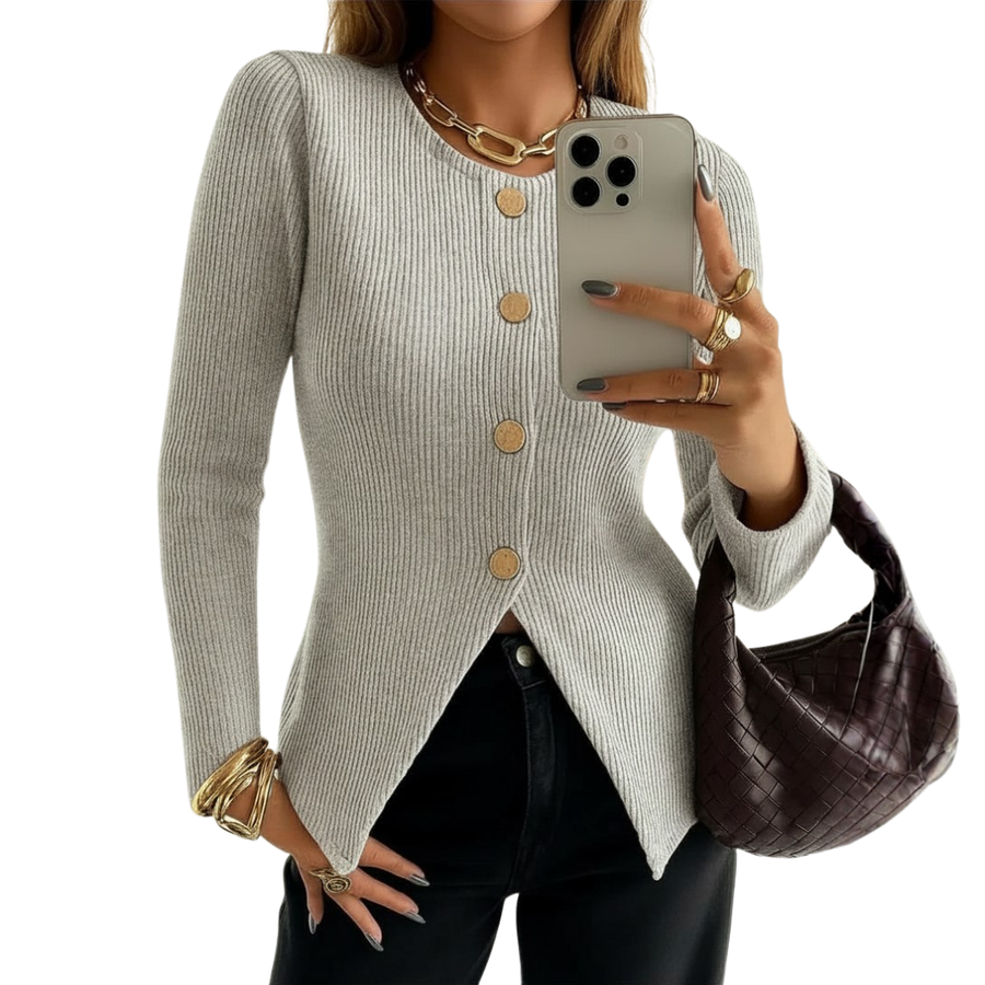 NADIRA™ | – Twisted Ribbed Button-Front Knit Top