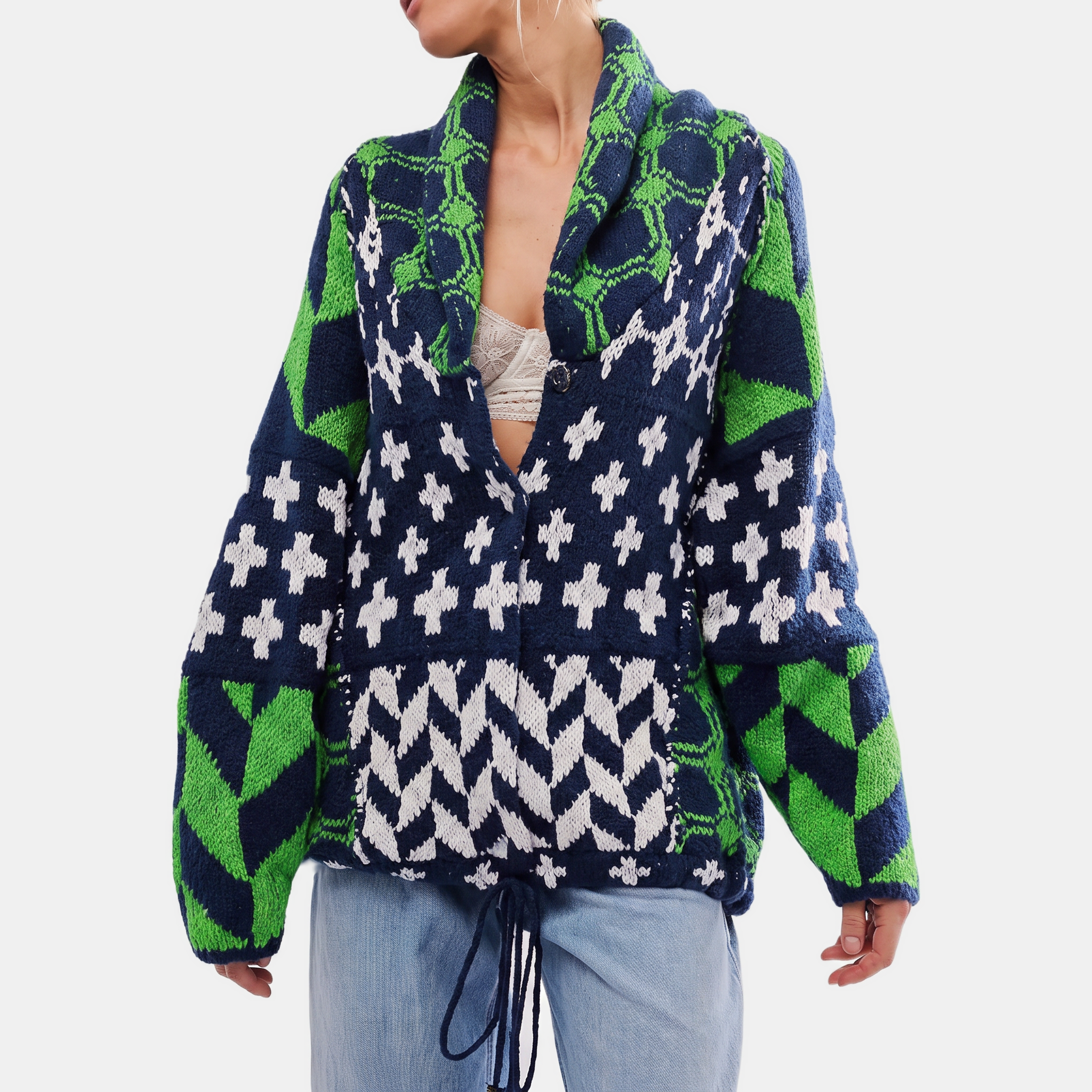 Women's Y2K Abstract Print Lapel Button Down Oversized Knit Cardigan™