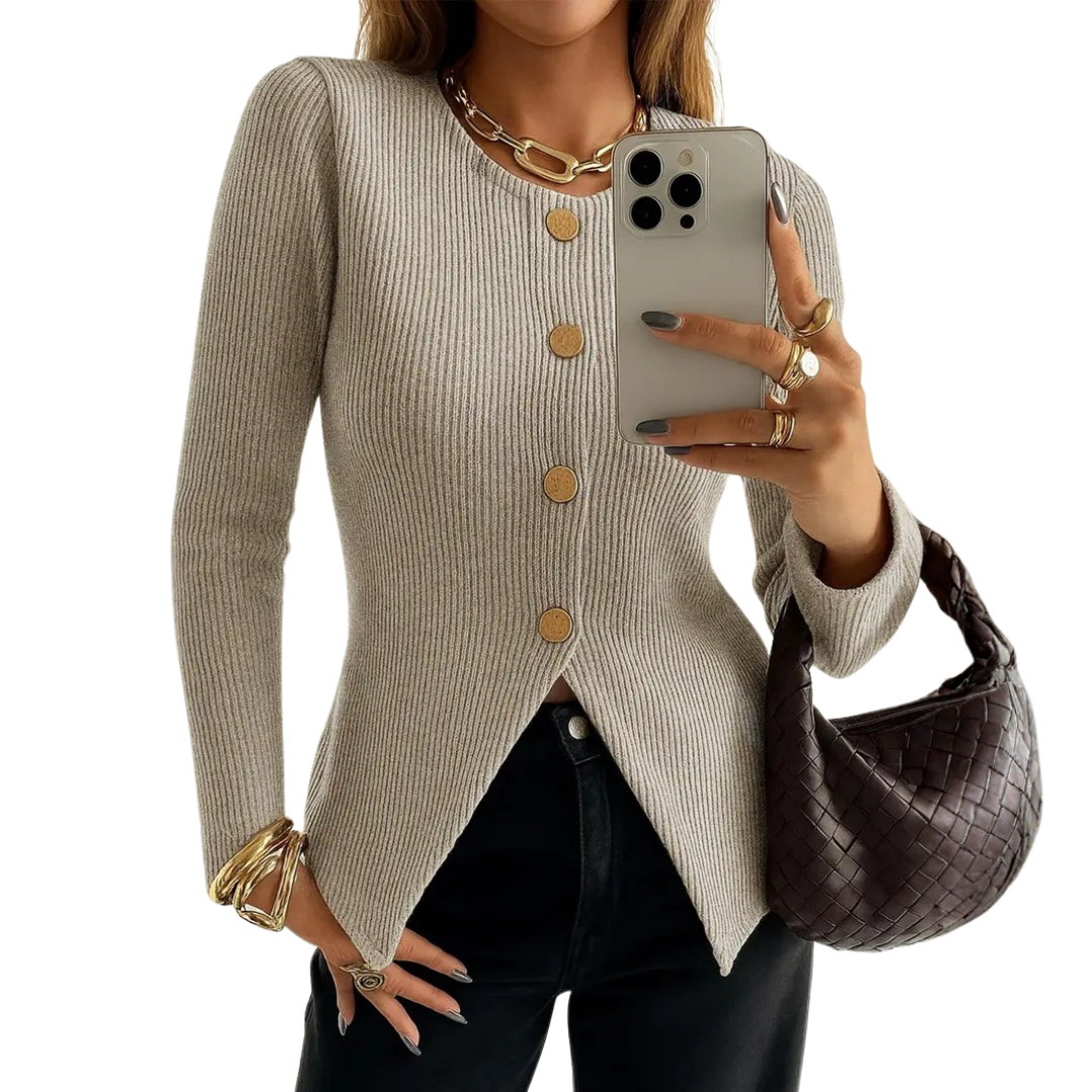 NADIRA™ | – Twisted Ribbed Button-Front Knit Top