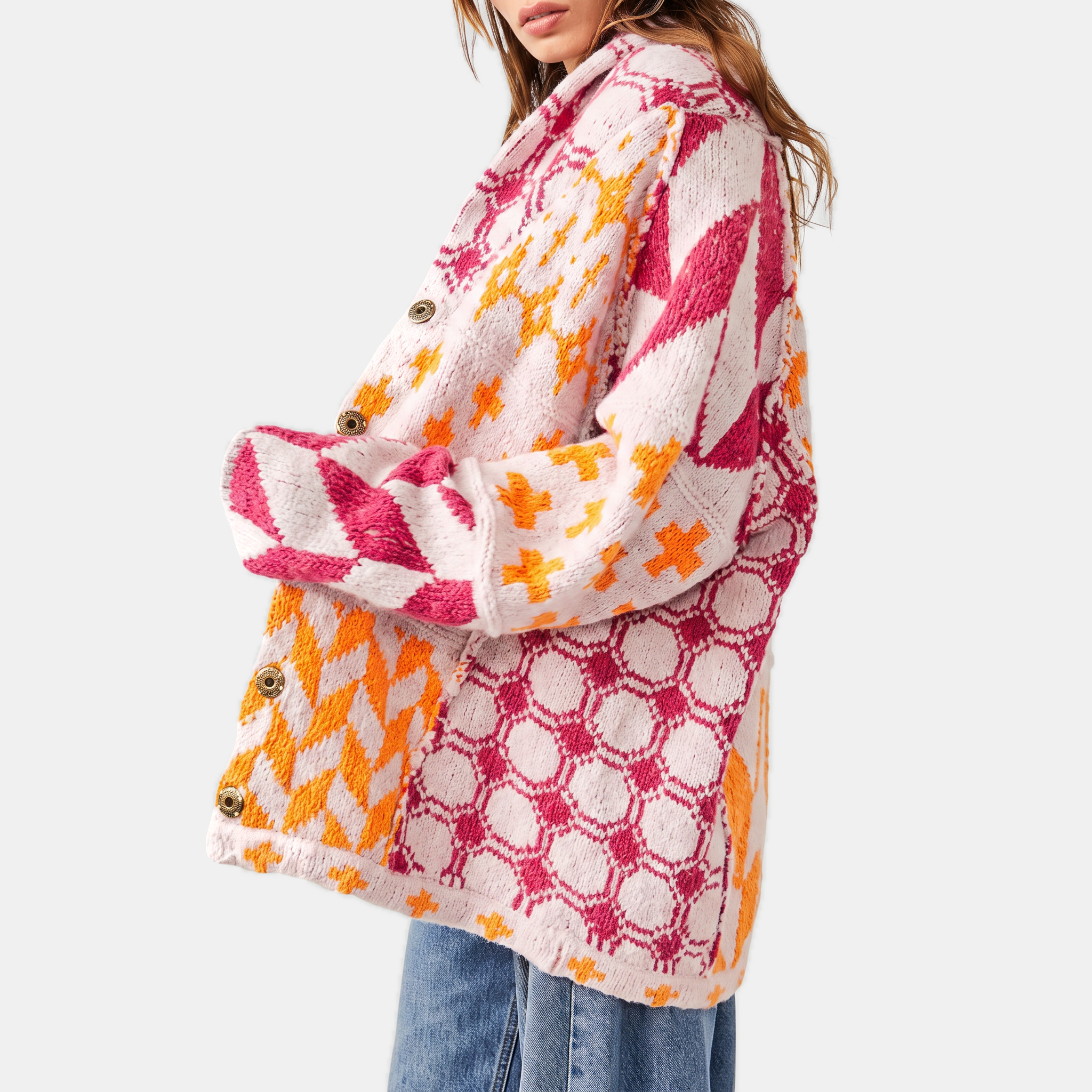 Women's Y2K Abstract Print Lapel Button Down Oversized Knit Cardigan™
