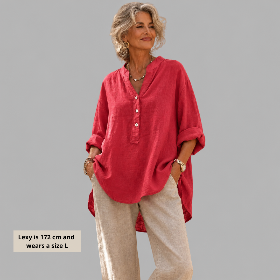 Veronique Elegant Cotton-Linen V-Neck Blouse™
