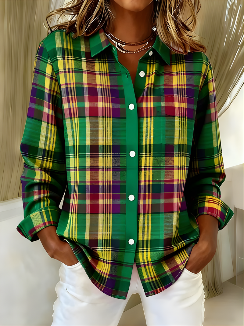 Elouise™ | – Checked Hoodie Blouse in Vivid Green Tones