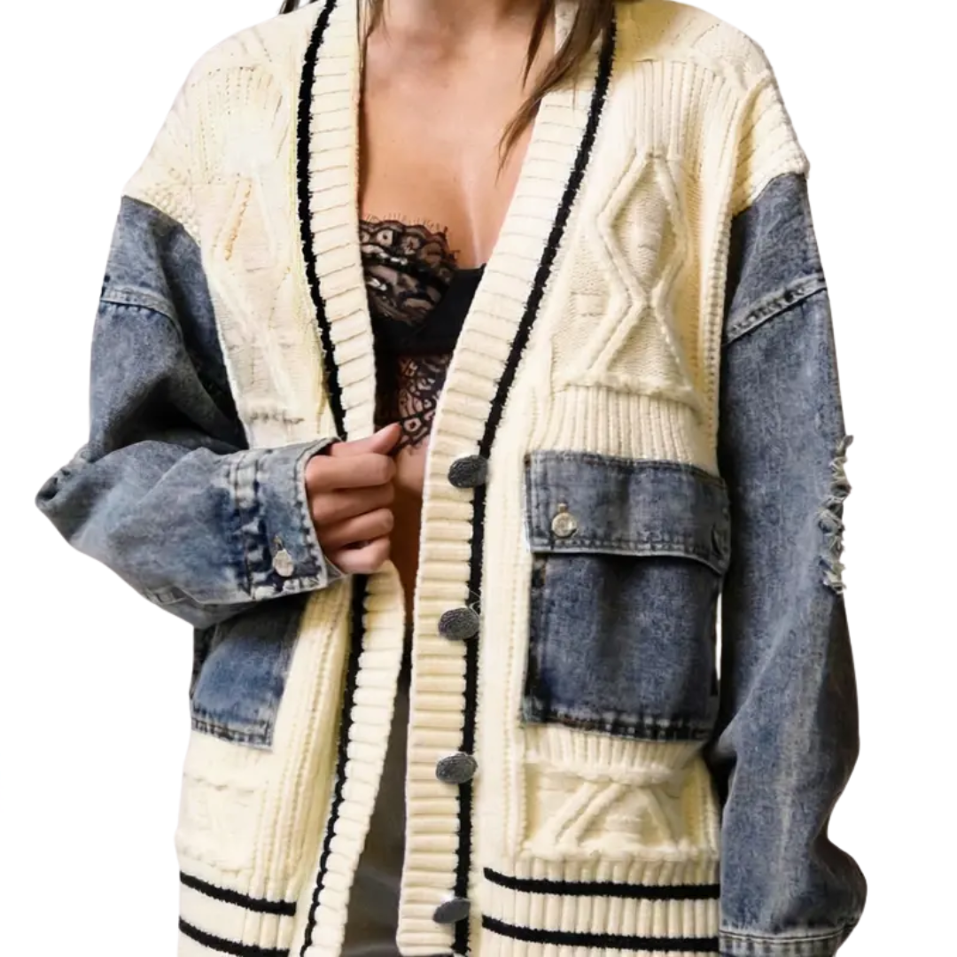 FRANCEL™ | – Relaxed Denim Patchwork Knit Cardigan
