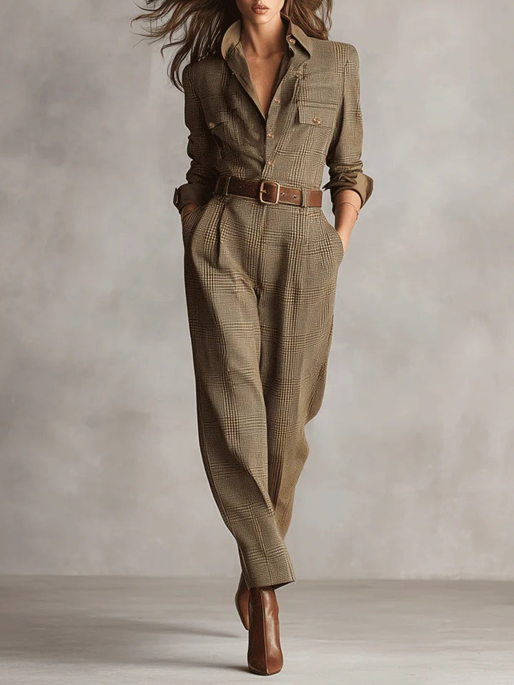 Rowena™ | Brown Tweed Plaid Utility Jumpsuit