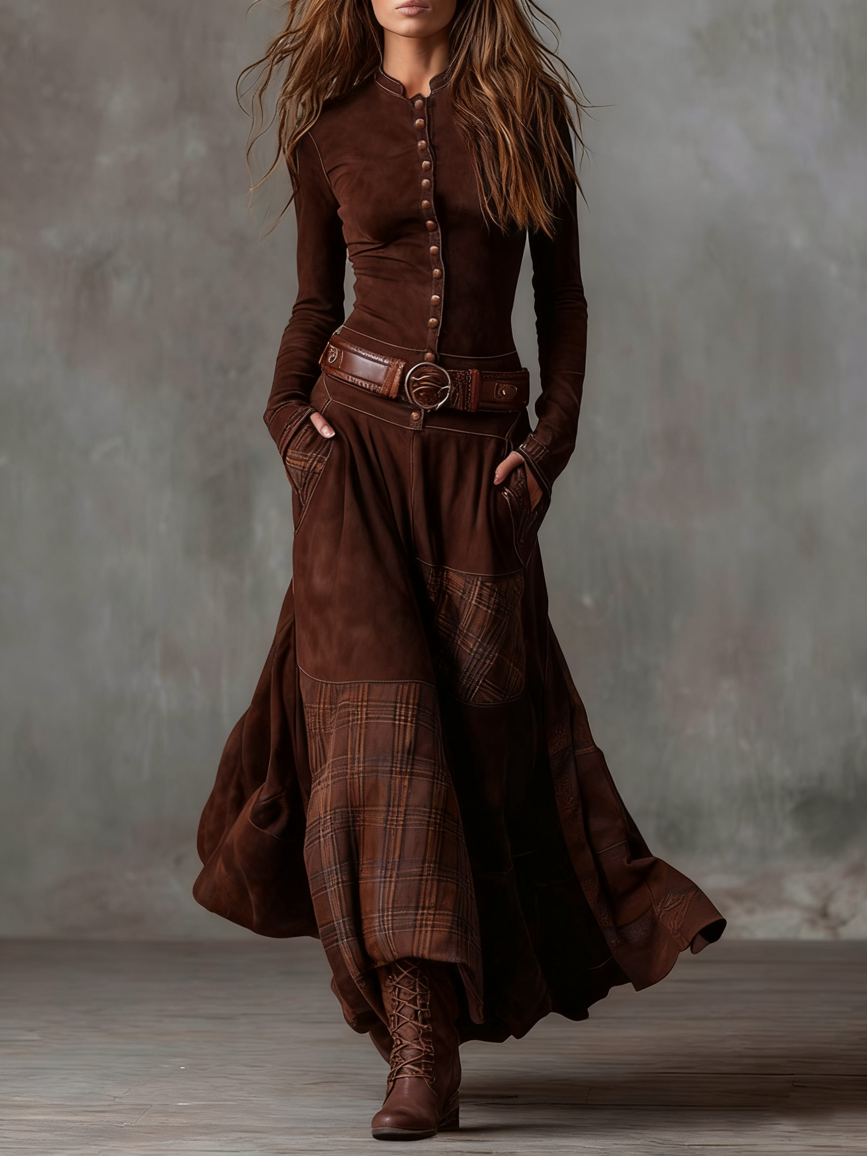 Natasha™ | Vintage Plaid Suede Maxi Dress