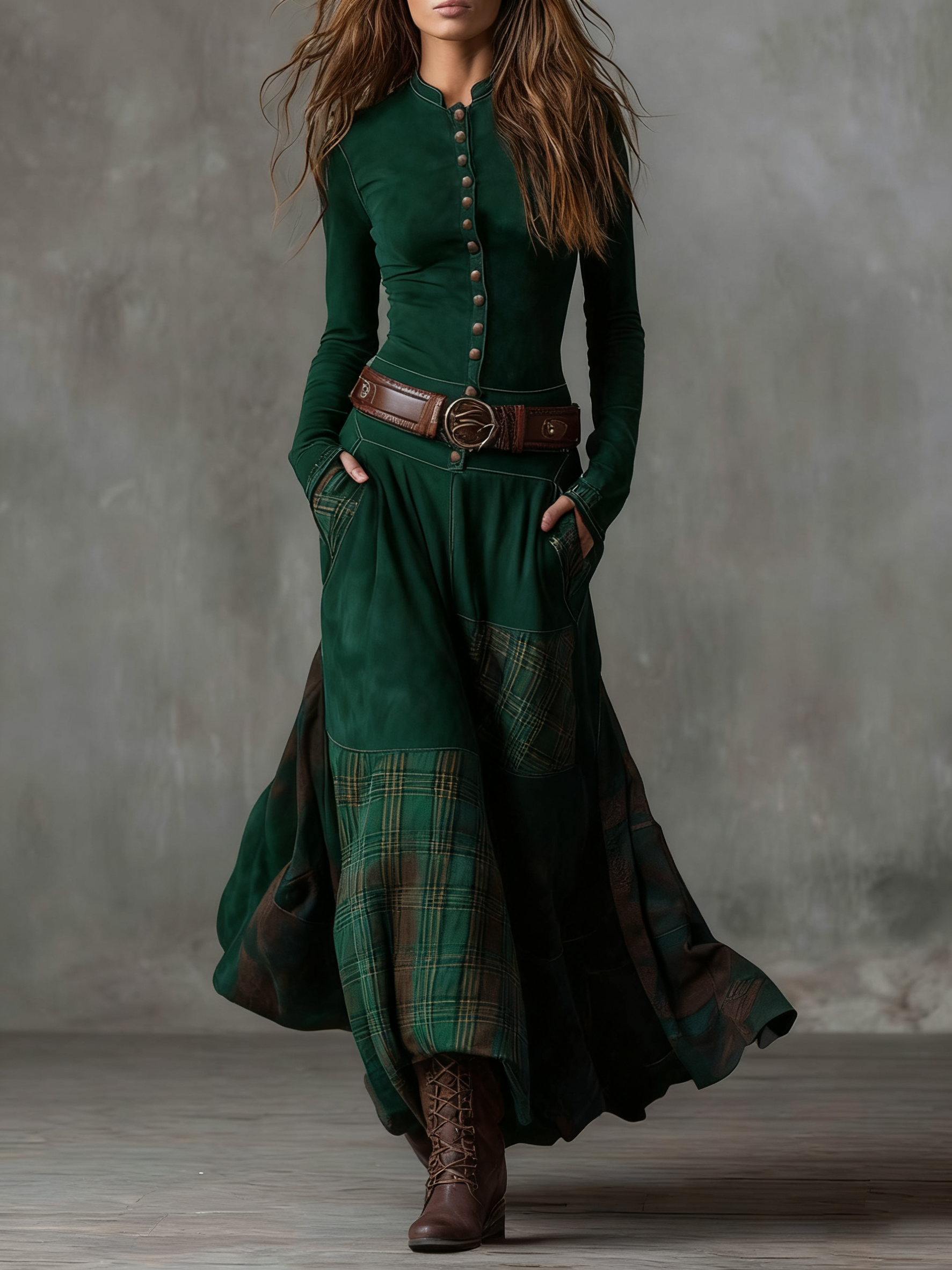 Natasha™ | Vintage Plaid Suede Maxi Dress