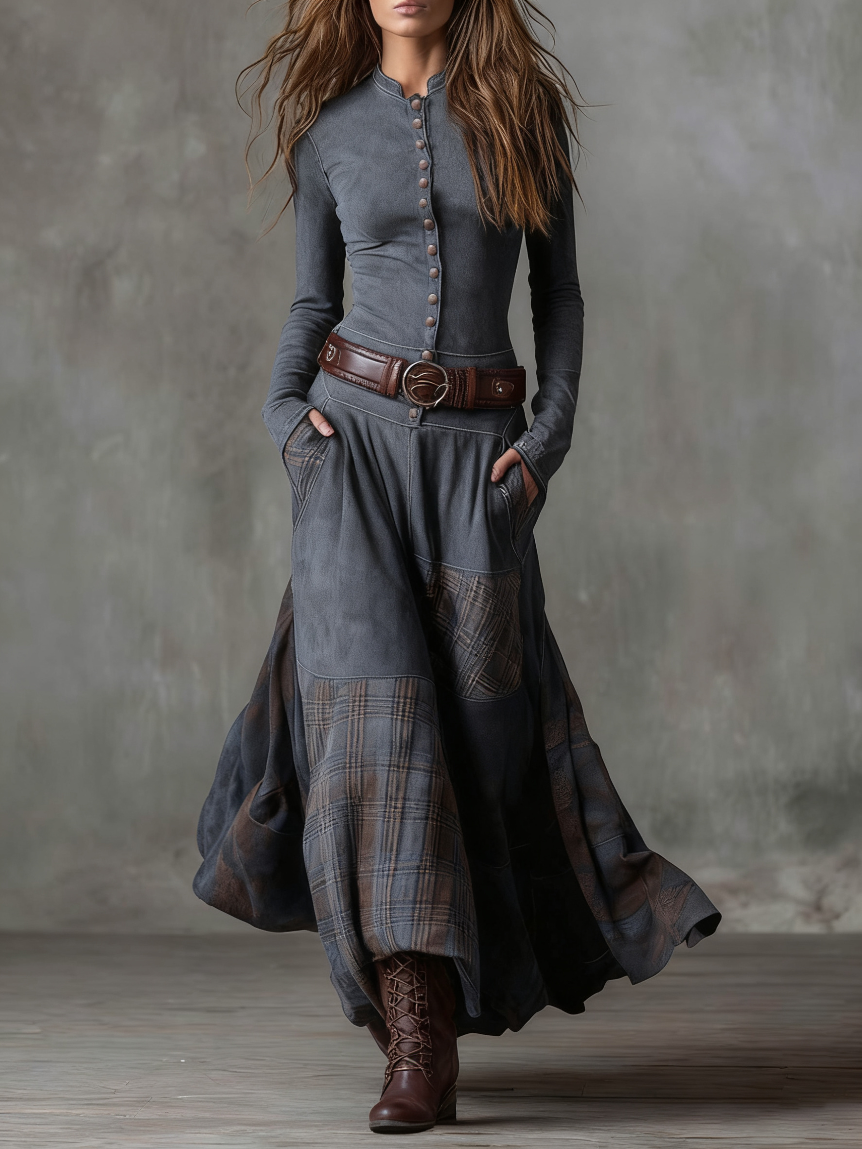 Natasha™ | Vintage Plaid Suede Maxi Dress