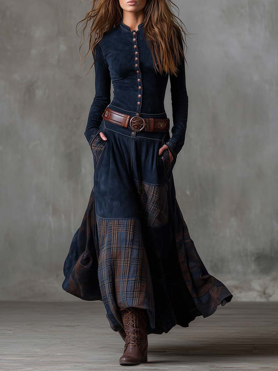 Natasha™ | Vintage Plaid Suede Maxi Dress