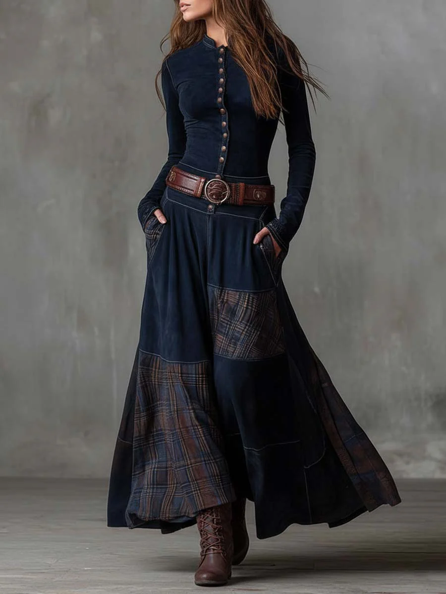Natasha™ | Vintage Plaid Suede Maxi Dress