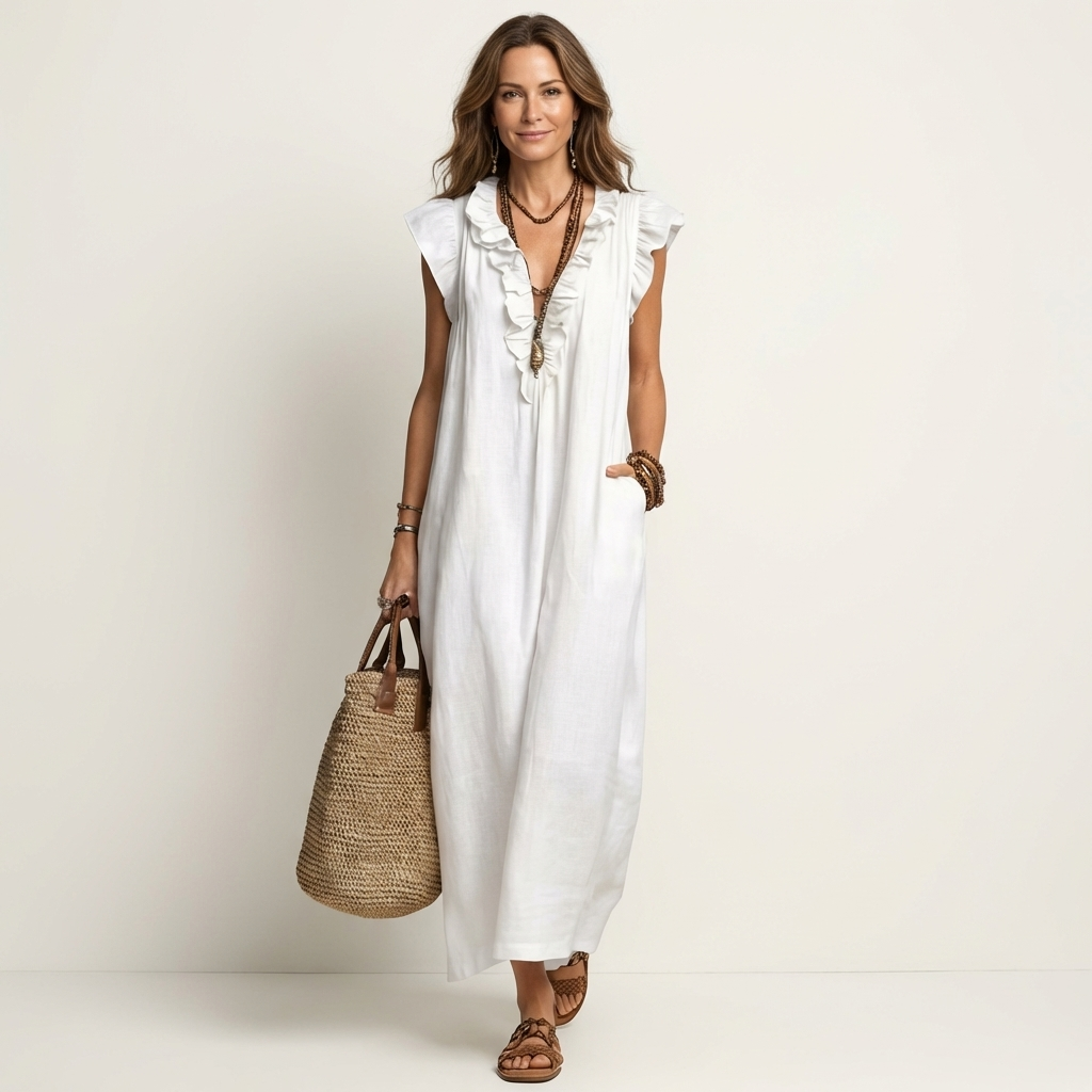Amina™ | Ruffle V-Neck Linen Maxi Dress