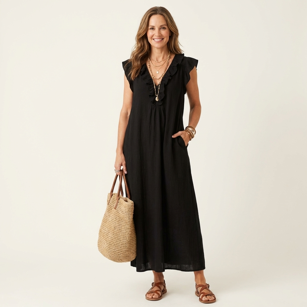 Amina™ | Ruffle V-Neck Linen Maxi Dress